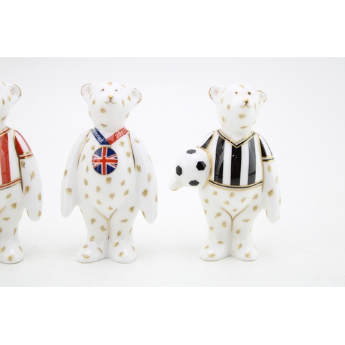 225 - Four Royal Crown Derby miniature bear paperweight, Footballer (Red and White stripes), Footballer (B... 