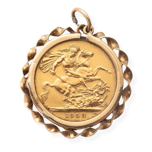 31 - A Queen Elizabeth II sovereign, 1958, in 9ct gold ribbon twist pendant mount, total weight including... 