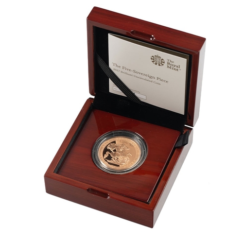 32 - Five Pounds (quintuple sovereign) 22ct gold brilliant uncirculated coin 2017. Box, outer, COA, coin ... 
