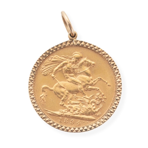 39 - A Victoria I full sovereign, 1894, in 9ct gold, pendant mount, total weight 9.4g.