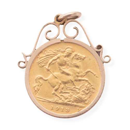 51 - A George V gold half sovereign, 1913 in 9ct gold scroll pendant mount, total weight 5.6g.