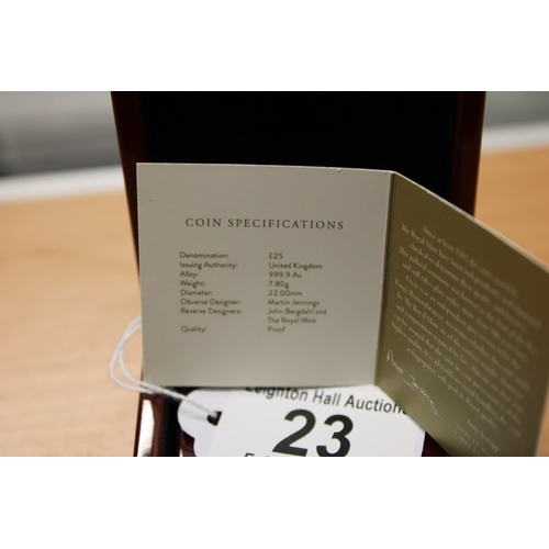 23 - Gold proof .999 / fine / 24ct gold quarter ounce coin, 7.8g. QEII 2022.  Royal Mint, in capsule with... 