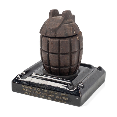 WW1 Hand Grenade Mills Bomb No 5 Casting Ink Well on Ceramic Stand 'Momento of the Great War 'Actual Hand Grenade Casting as used by the Allies' Regd No651542 1915