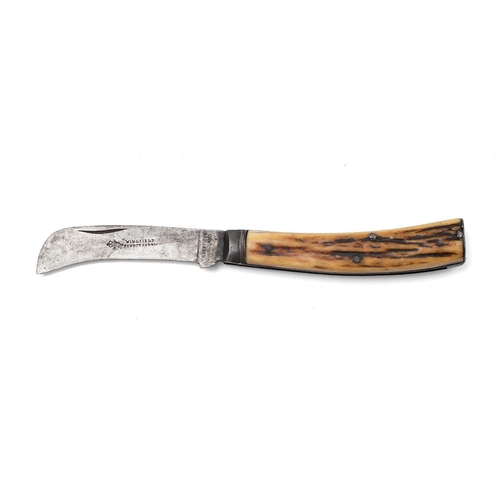 220 - Wingfield Rowbotham & Co flat cap pruner pocket knife, stag antler handle, 8cm blade, 20.5cm in tota... 