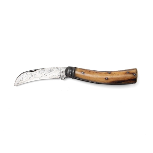 221 - Lockwood Brothers flat cap pruner pocket knife with stag handles, blade 7cm, total length 17.5cm.