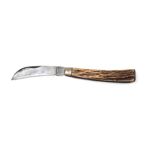 223 - George Wostenholm IXL flat cap pruner pocket knife with stag handle, blade 6.5cm, 17cm long.