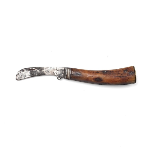 225 - An antique flat cap pruner pocket knife, stag antler, 6.5cm blade, 18cm long.