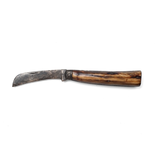 227 - A substantial flat cap pruner pocket knife, with stag antler handle, blade stamped with name and ket... 