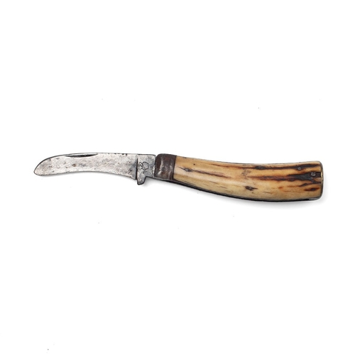 229 - An antique flat cap pruner pocket knife with stag antler handle, kettle engraved to blade, blade 7cm... 