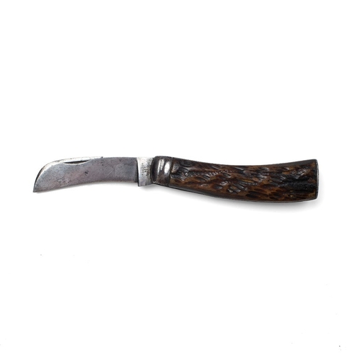 239 - A CT Skelton & Co of Sheffield antique flat cap pruning pocket knife, stag antler handle, blade leng... 