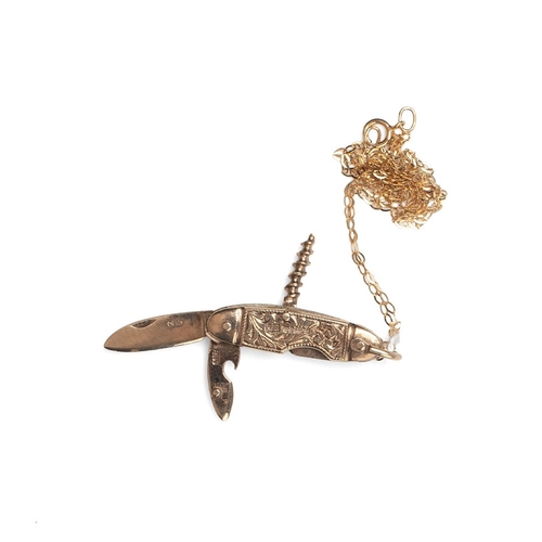 243 - 9ct gold miniature multitool pocketknife, Sheffield 1967, opening twin blade together with corkscrew... 