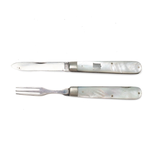 A Victorian silver and mother of pearl travelling multi-tool pocket knife eating set, campaign style, split into two pieces when folded out, Sheffield 1908, 14.5cm long.
