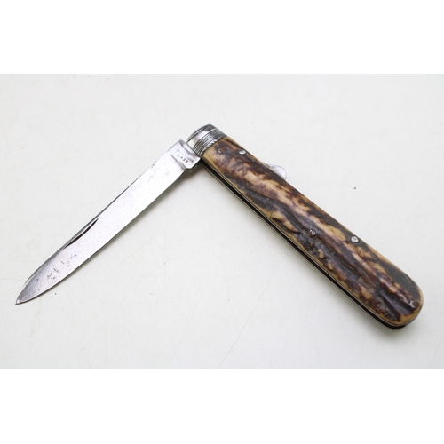 209 - A Scarce Late 19th Century Victorian Lewis Barnascone Sheffield Stag Antler Bone Handle Folding Lock... 
