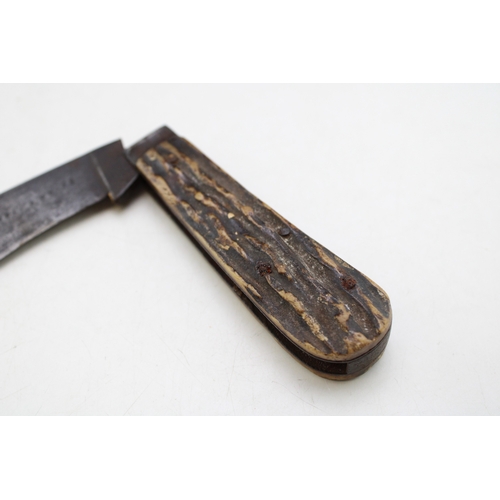 213 - An Early c20th Taylor's Eye Witness Stag Antler Bone Handle Pruner Folding Pruning Knife Blade Etche... 