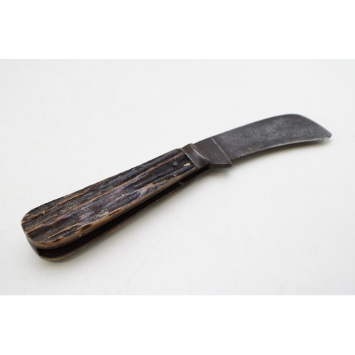 213 - An Early c20th Taylor's Eye Witness Stag Antler Bone Handle Pruner Folding Pruning Knife Blade Etche... 