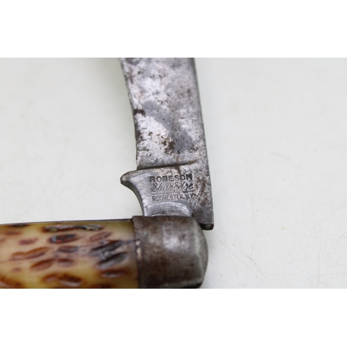 217 - Robeson of New York antique flat cap pruner pocket knife with stag antler handle, stamped marks, 7cm... 