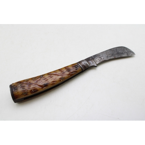 217 - Robeson of New York antique flat cap pruner pocket knife with stag antler handle, stamped marks, 7cm... 