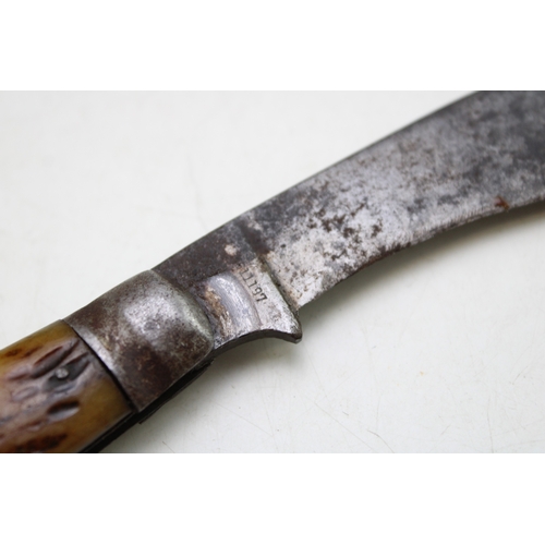 217 - Robeson of New York antique flat cap pruner pocket knife with stag antler handle, stamped marks, 7cm... 