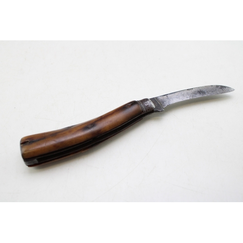 218 - Taylor of Sheffield flat cap pruner pocket knife, horn handle, blade 7cm long, total length 18cm lon... 