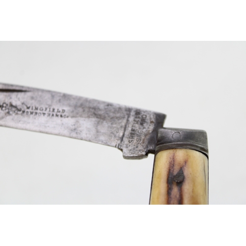 220 - Wingfield Rowbotham & Co flat cap pruner pocket knife, stag antler handle, 8cm blade, 20.5cm in tota... 