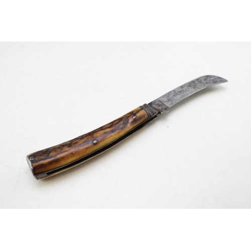220 - Wingfield Rowbotham & Co flat cap pruner pocket knife, stag antler handle, 8cm blade, 20.5cm in tota... 