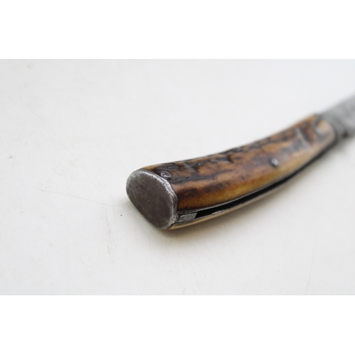 220 - Wingfield Rowbotham & Co flat cap pruner pocket knife, stag antler handle, 8cm blade, 20.5cm in tota... 