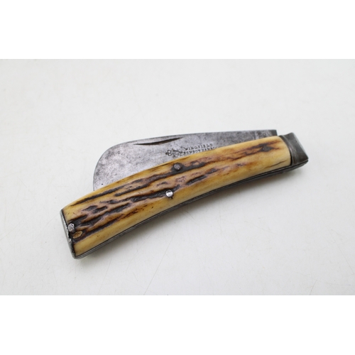 220 - Wingfield Rowbotham & Co flat cap pruner pocket knife, stag antler handle, 8cm blade, 20.5cm in tota... 