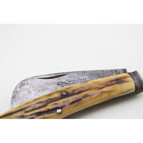 220 - Wingfield Rowbotham & Co flat cap pruner pocket knife, stag antler handle, 8cm blade, 20.5cm in tota... 