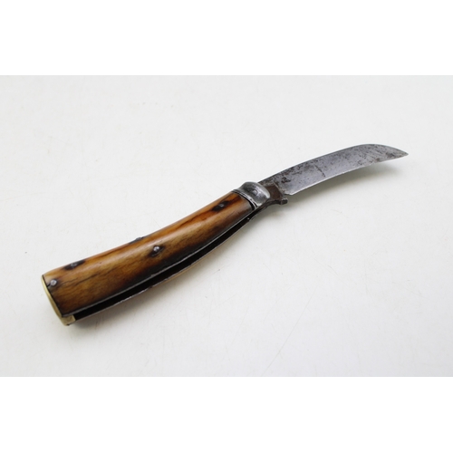 221 - Lockwood Brothers flat cap pruner pocket knife with stag handles, blade 7cm, total length 17.5cm.