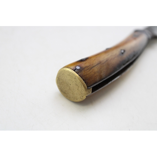 221 - Lockwood Brothers flat cap pruner pocket knife with stag handles, blade 7cm, total length 17.5cm.