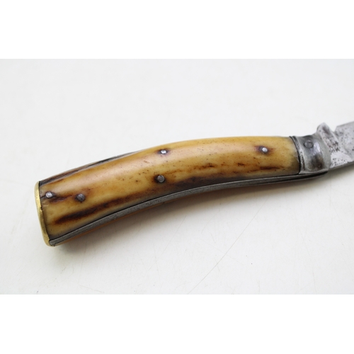 221 - Lockwood Brothers flat cap pruner pocket knife with stag handles, blade 7cm, total length 17.5cm.