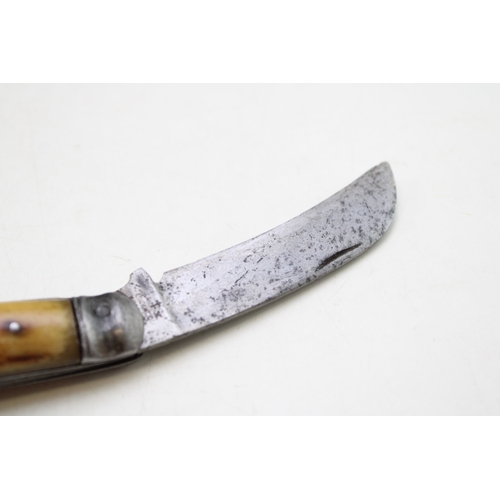 221 - Lockwood Brothers flat cap pruner pocket knife with stag handles, blade 7cm, total length 17.5cm.