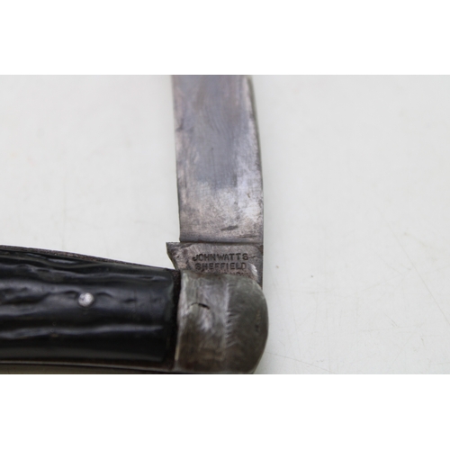 222 - John Watts of Sheffield flat cap pruner pocket knife, horn handle, blade 6.5cm long, total length 16... 