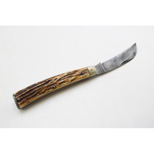 223 - George Wostenholm IXL flat cap pruner pocket knife with stag handle, blade 6.5cm, 17cm long.