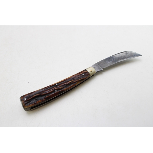 223 - George Wostenholm IXL flat cap pruner pocket knife with stag handle, blade 6.5cm, 17cm long.