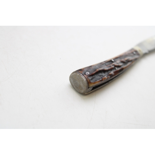 223 - George Wostenholm IXL flat cap pruner pocket knife with stag handle, blade 6.5cm, 17cm long.