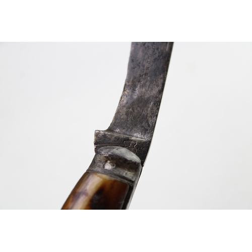 227 - A substantial flat cap pruner pocket knife, with stag antler handle, blade stamped with name and ket... 