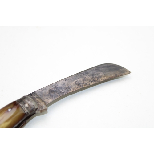 227 - A substantial flat cap pruner pocket knife, with stag antler handle, blade stamped with name and ket... 