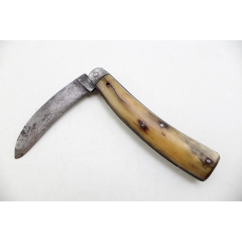 230 - An antique flat cap pruner pocket knife with antler handle, unmarked, blade 7.5cm, 19.5cm in total.