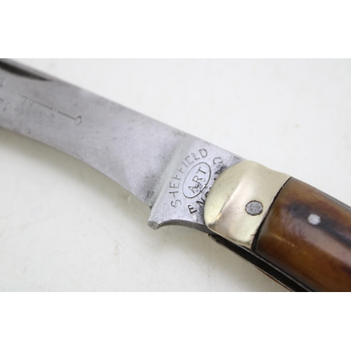 232 - An antique flatcap pruner pocket knife, Sheffield-made, with stag antler handle, blade 7cm long, tot... 