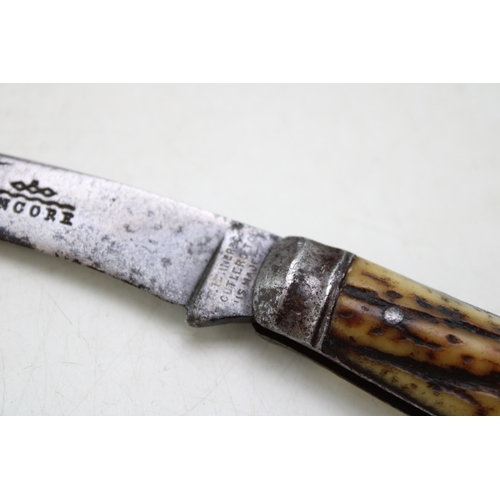 233 - Thomas Turner & Co antique flat cap pruner pocket knife, stag handle, blade stamped 'Encore', blade ... 