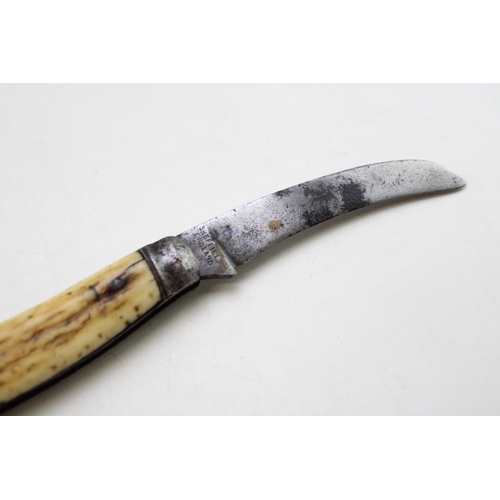 233 - Thomas Turner & Co antique flat cap pruner pocket knife, stag handle, blade stamped 'Encore', blade ... 