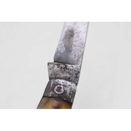 234 - A J G Graves of Sheffield antique flat cap pruner pocket knife, stag antler handles, blade 7cm, 18.5... 