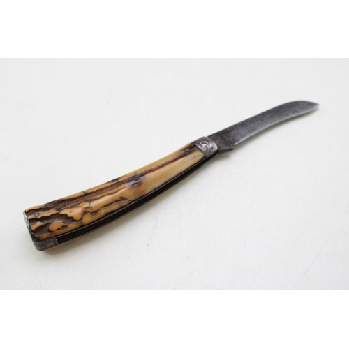 234 - A J G Graves of Sheffield antique flat cap pruner pocket knife, stag antler handles, blade 7cm, 18.5... 