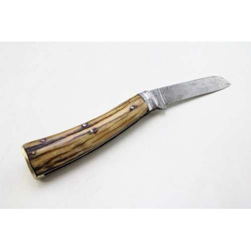 235 - A Joseph Haywood of Sheffield flatcap pruner pocket knife with stag antler handles, blade 7cm long, ... 