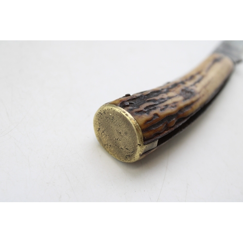 237 - An antique Sheffield-made flat cap pruning pcoket knife, stag antler handle, 7cm blade, 18cm in tota... 