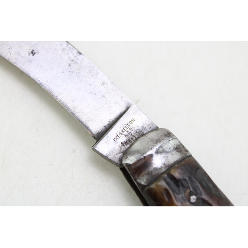 239 - A CT Skelton & Co of Sheffield antique flat cap pruning pocket knife, stag antler handle, blade leng... 