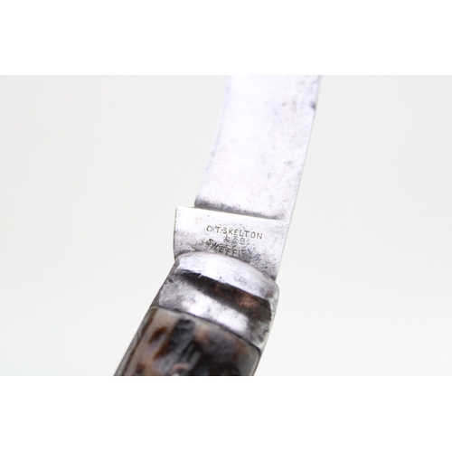 239 - A CT Skelton & Co of Sheffield antique flat cap pruning pocket knife, stag antler handle, blade leng... 