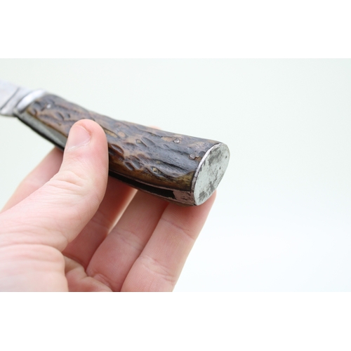 239 - A CT Skelton & Co of Sheffield antique flat cap pruning pocket knife, stag antler handle, blade leng... 