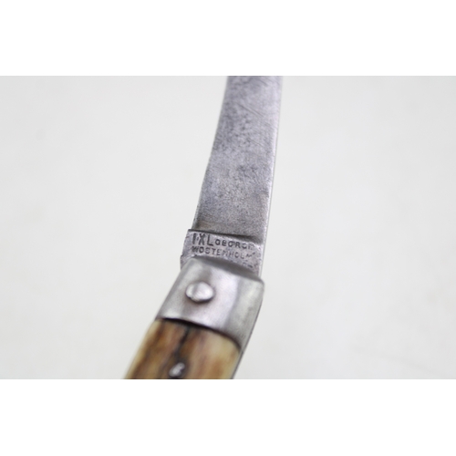 241 - A George Wostenholm IXL flat cap pruner pocket knife with stag antler handle, steel end cap, blade 6... 